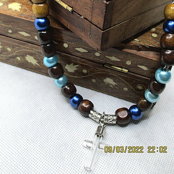 Viking Cremation Ash Cross Pendant Multicolor Beaded Chain Necklace - Picture 10 of 10